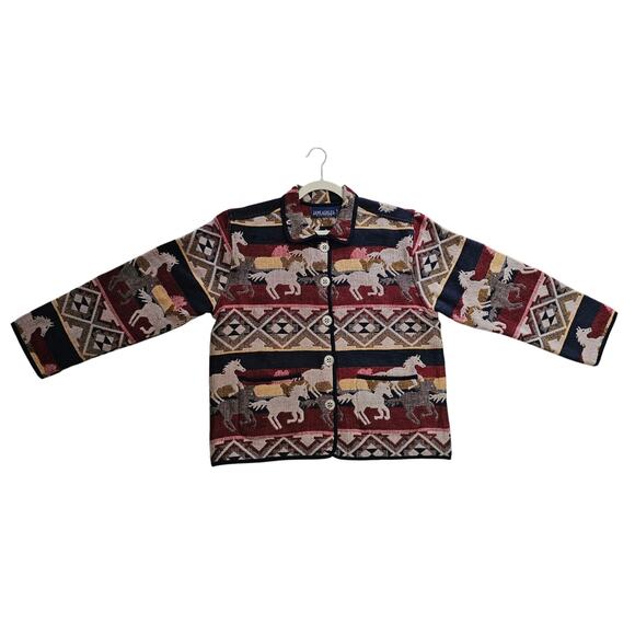 VTG NWT JANE ASHLEY Western Horse Aztec Tribal Tapestry Button Jacket Sz M - Picture 2 of 16